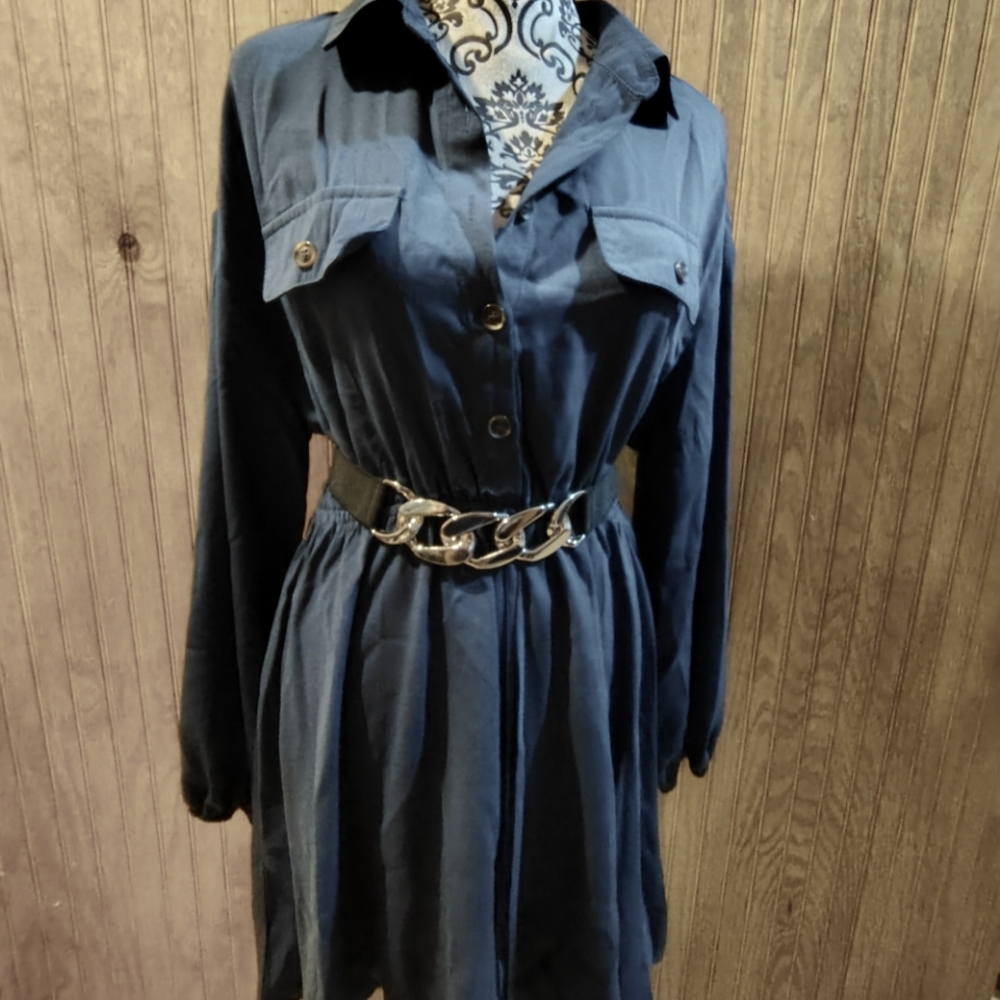 Blue Button-Up Dress with Chain Belt